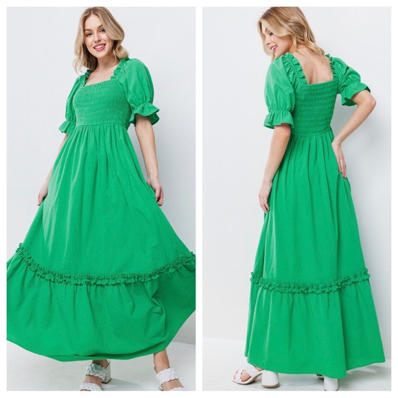 Boho Beautiful Linen Cotton Solid Smoking Detail Long Dress - Picture 5 of 5